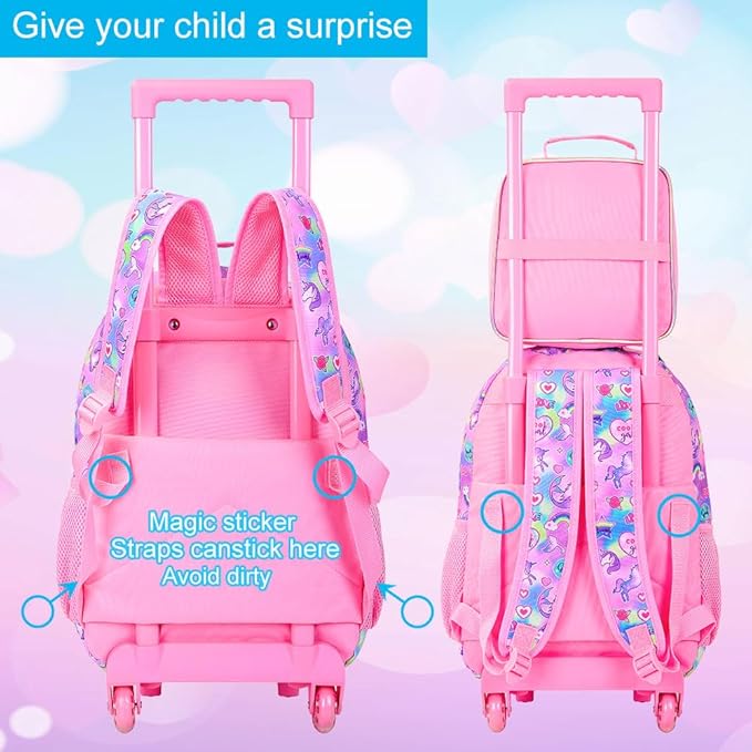 Girls Rolling Backpack, Cute Mermaid Roller Wheels Kids Bookbag - Wheeled Elementary School Bag - 3PCS Mermaid