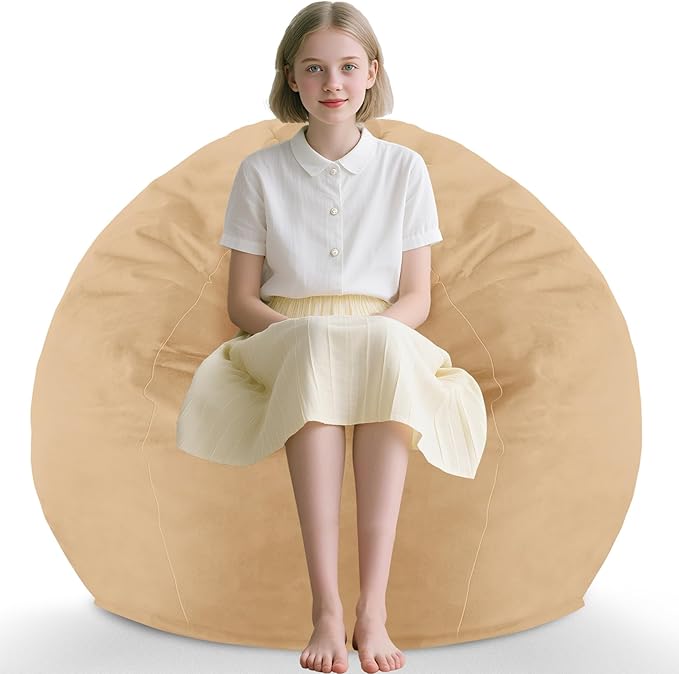 2FT Bean Bag Chair, Comfy Bean Bag Chairs with Memory Foam Filled, Fluffy Beanbag Sofa with Dutch Velvet Cover, Teardrop BeanBag Chairs for Living Room, Playroom - Khaki