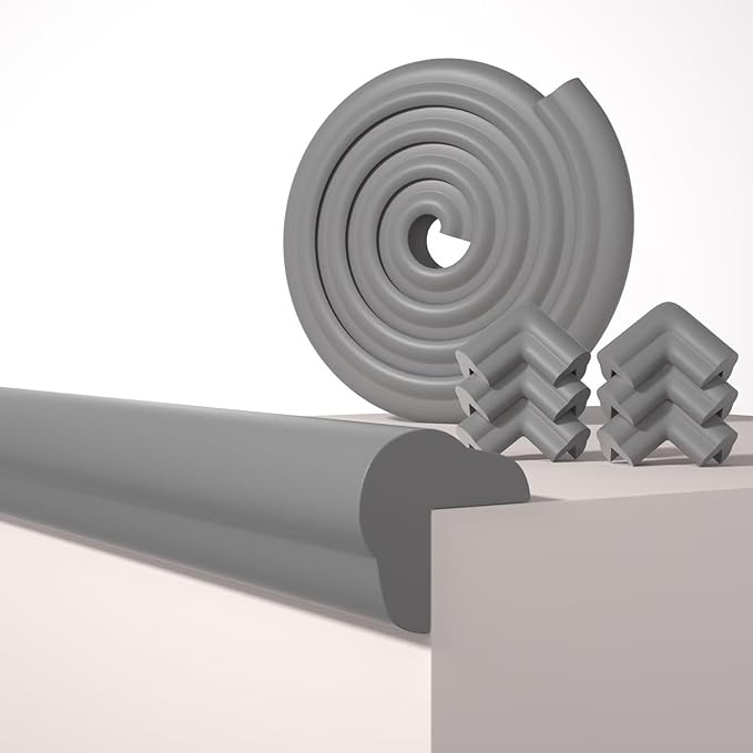 Edge Corner Protector Baby Proofing, 6.56FT 0.6'' Thicken L-Shape Furniture Fireplace Safety Bumper Guard with 6 Corners, Pre-Taped, Soft NBR Rubber Foam, Table Edge Protector for Baby (Grey)