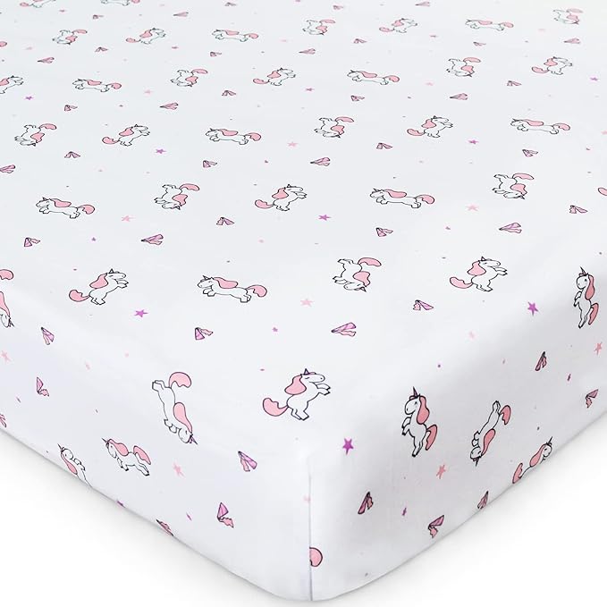 Girl Crib Sheets 4-Pack, Fitted Sheets 52'' x 28'' for Standard & Toddler Mattress, Soft Breathable Material, Neutral & Pink