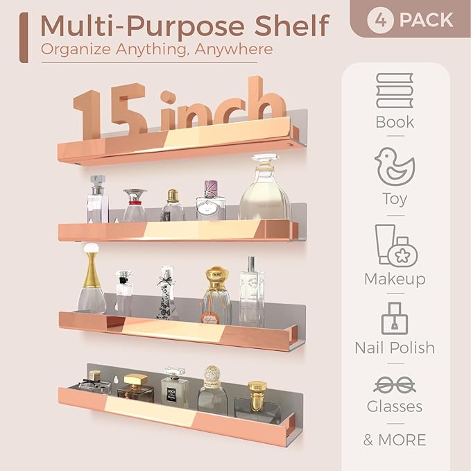 4 Pack 15 Inch Rose Gold Reflective Acrylic Shelves, Rose Gold Floating Shelves, Modern Sunglasses Essential Oil Picture Ledge Display Toy Storage Shelf