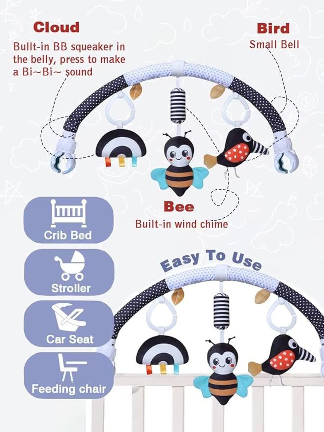 Pau1Hami1ton Baby Stroller Arch Toys, Car Seat Toys,Bouncer Toy Bar/Mobile for Bassinet,Adjustable Baby Hanging Toys Fit for Crib Bed,Stroller,Car Seat.S-19(Black Bee)
