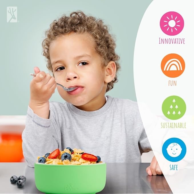 Elk and Friends Kids Porcelain Bowls with Silicone Suction Sleeve + Silicone Lid | Kids/Toddler/Baby Feeding | Microwave & Dishwasher Safe | Non slip | Cereal/Soup/Snack Dishes & Dinnerware