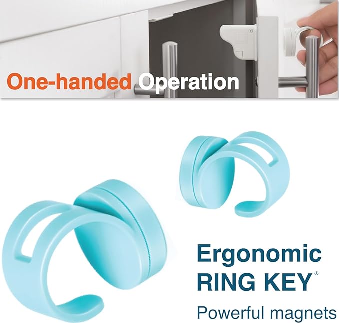 Ergonomic Magnetic Keys - RovingCove Universal Magnet Key for Cabinet Drawer Locks, Patented One-Handed Operation, Ivory White, 2 Ring Keys