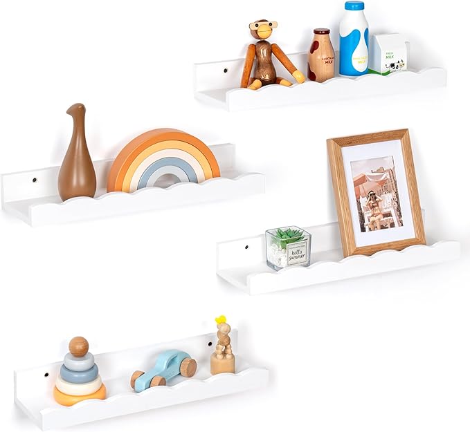 Fun Memories Picture Ledge Shelf for Wall, 16 inch Pine Wood Nursery Book Shelves Set of 4- Wall Book Shelves for Kids Room, Home Decor - Kitchen Spice-White