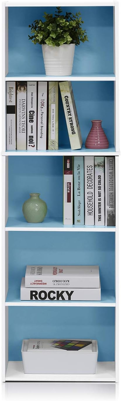 Furinno Luder Bookcase / Book / Storage , 5-Tier, White / Light Blue