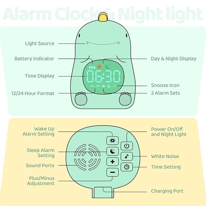 Dinosaurs Alarm Clock with Night Light for Kids with Sleep Training and Sound Machine, Rechargeable Silicone Lamp OK to Wake Clock，Cute Animal Tabletop Lamp, Perfect Sleep Companion for Boys Girls