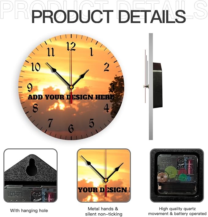 Generic Custom Wall Clock Personalized Clocks with Photo Text Logo Customize Gifts for Kitchen Bathroom Home Wedding Friend Family Lover, 12inch-30cm