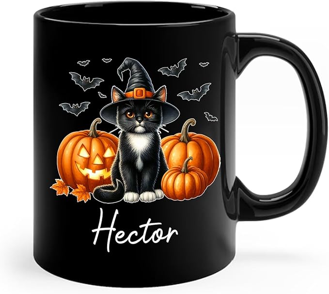 Custom Tuxedo Halloween Coffee Mugs with Name, Personalized Tuxedo with Pumpkins Ceramic Cups, Cat Wearing Witch Hat Black Mug, Cat Halloween Cup 11oz 15oz, Gift for Men Women Pet Lover