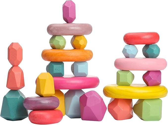 OESSUF Stacking Rocks 26Pcs Stacking Blocks Balancing Stones Wooden Building Toys Wood Stone Stacking Game for Toddler Sorting Preschool Educational Montessori Stacking Rocks for Kids
