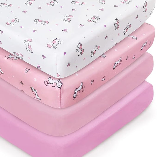 Girl Crib Sheets 4-Pack, Fitted Sheets 52'' x 28'' for Standard & Toddler Mattress, Soft Breathable Material, Neutral & Pink