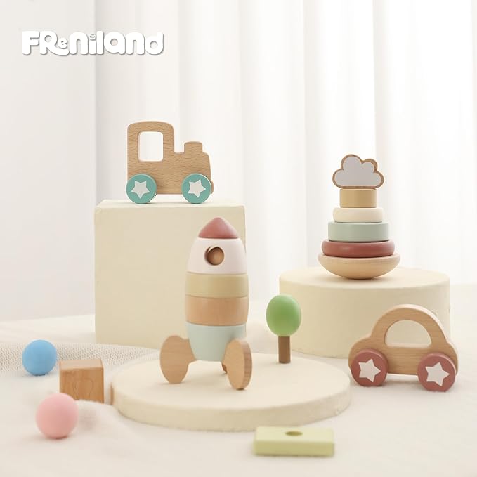 FReniland Wooden Montessori Toys, 4-Piece Wooden Baby Toy, Rainbow Stacking Ring,Car Push and Pull Toy, Rocket Stacking Ring Babys Toys,Newborn Baby Gift Sets for Boys and Girls