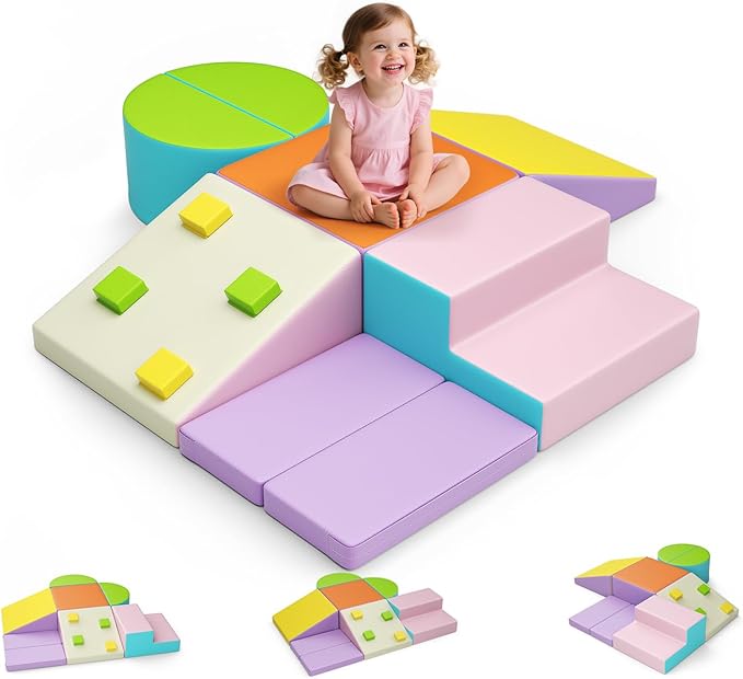 Lischwert Foam Climbing Blocks for Toddlers 1-3, 7pcs Soft Play Set with Crawling Exploration Toys, Indoor Outdoor Infant Safe Blocks for Baby Gym Toddler Playground