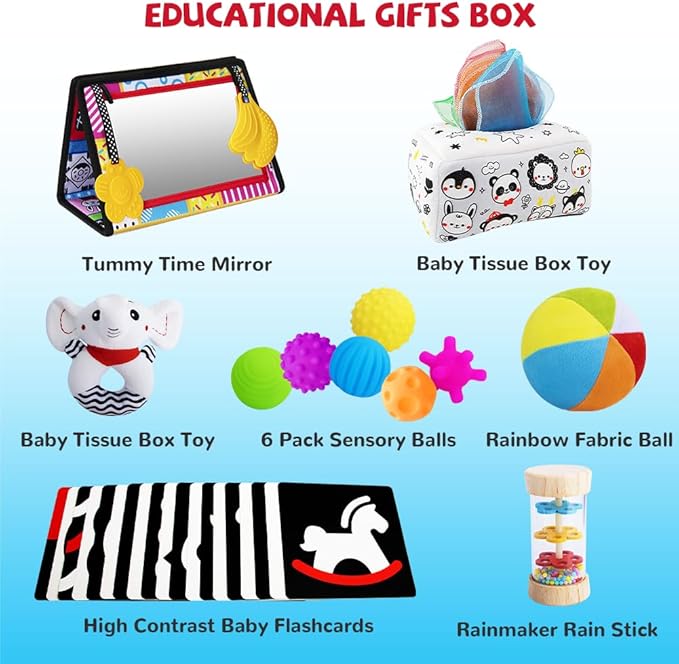 Montessori Toys for Babies 0-6 Months,7 in 1 Newborn Toys Baby Gifts Set Early Learning Toys with Black & White Baby Flashcards,Tummy Time Mirror,Baby Rattle,Sensory Balls,Tissue Box Toys,Rain Stick