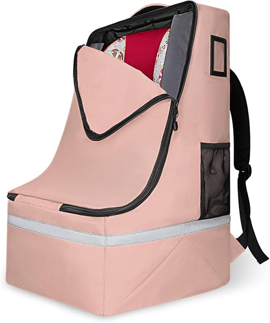 Car Seat Travel Bag for Airplane,Infant Seat Travel Bag with Shoulder Strap,Padded Car Seats Backpack with Reflective Stripes,Large Carseat Carrier Bag Travel Car Seat Cover,Flesh Pink