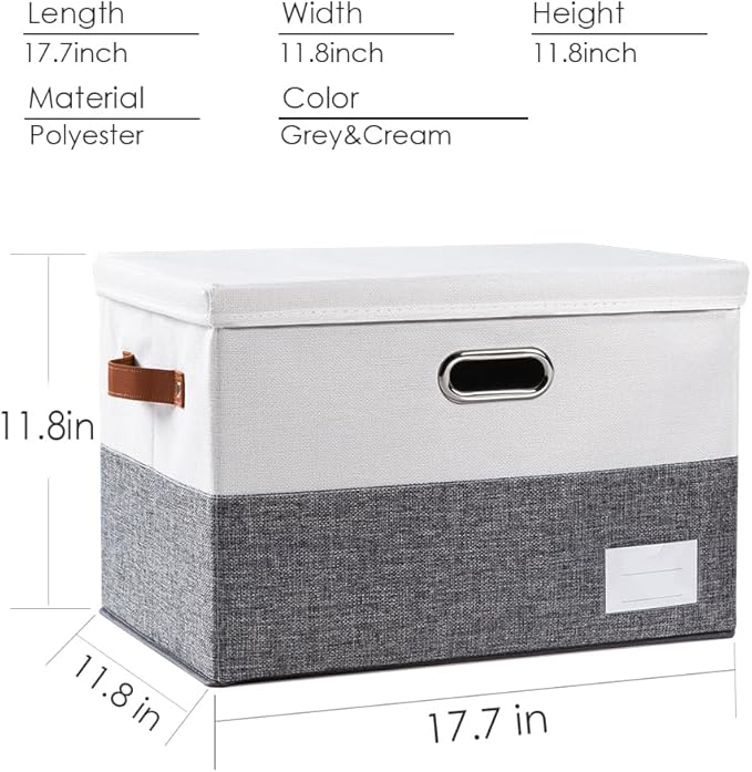 PRANDOM Foldable Storage Bins with Lids [3-Pack] Fabric Collapsible Storage Boxes Baskets Cubes Containers with Handles for Closet Living Room Bedroom (Grey & White 17.7x11.8x11.8'')