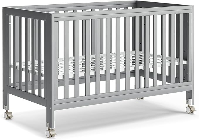 EvoNest Baby Crib, 11 in 1 Convertible Mini Crib with Wheels, 100% New Zealand Wood Growing Bed, 4 Adjustable Mattress Height,Grey