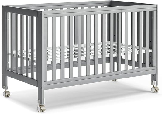 EvoNest Baby Crib, 11 in 1 Convertible Mini Crib with Wheels, 100% New Zealand Wood Growing Bed, 4 Adjustable Mattress Height,Grey