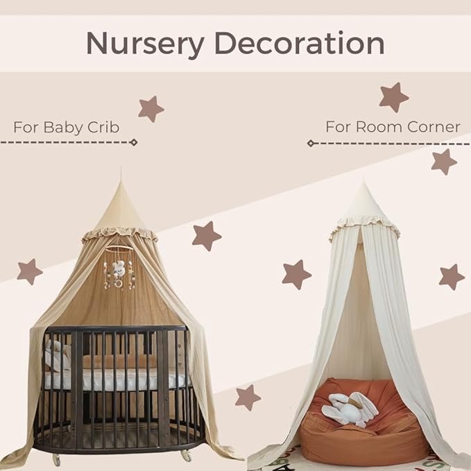 Wonder Space Kids Bed Canopy with Ruffles, Pastel Neutral Color for Boys & Girls, Frilled Cotton Tent Nursery Room Baby Crib Hanging Curtain Mosquito Netting Children Reading Nook Decoration (Nougat)