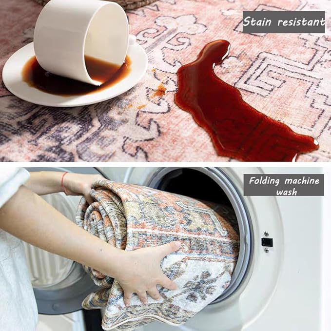 Area Rug 4x6 Washable Rug Brown Vintage Traditional Floor Cover Foldable Thin Retro Kitchen Accent Indoor Distressed Non Slip Carpet Floral Print Mat Bedroom Living Room