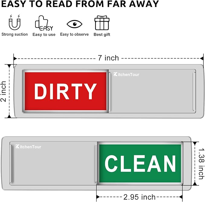 KitchenTour Clean Dirty Magnet for Dishwasher Upgrade Super Strong Magnet - Easy to Read Non-Scratch Magnetic Silver Indicator Sign with Clear, Bold & Colored Text Silver