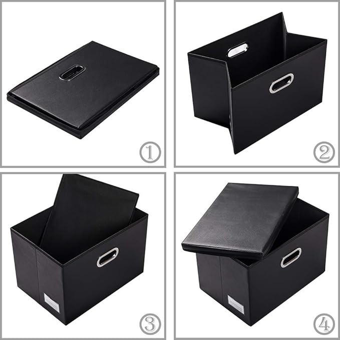 PRANDOM Collapsible Storage Bins with Lids [3-Pack] Leather Fabric Foldable Storage Boxes Organizer Containers Baskets Cube with Cover for Bedroom Closet Office Nursery Black (14.9x10.8x10)