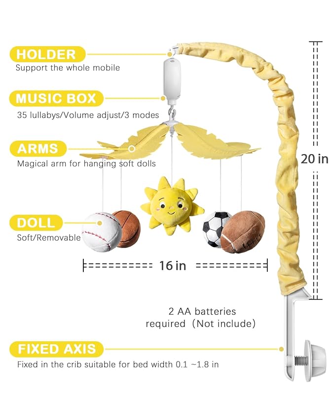 FEISIKE Baby Crib Mobile with 35 Lullabies, 3 Modes Rotation & Music, Soother Toy Adjustable Volume, Sport-Themed Nursery Decor Musical Mobile for Crib or Bassinet