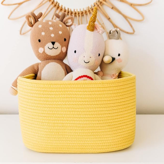 OrganiHaus Yellow Basket for Shelves, Decorative Cloth for Organizing, Cotton Rope Storage Basket for Toys, Small Woven Baskets for Storage