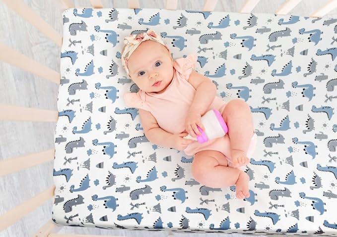4 Pack Soft Baby Boy Sheets Dinosaur Star Cloud Soft Polyester Neutral Unisex Fitted Sheets Set for Baby Boys