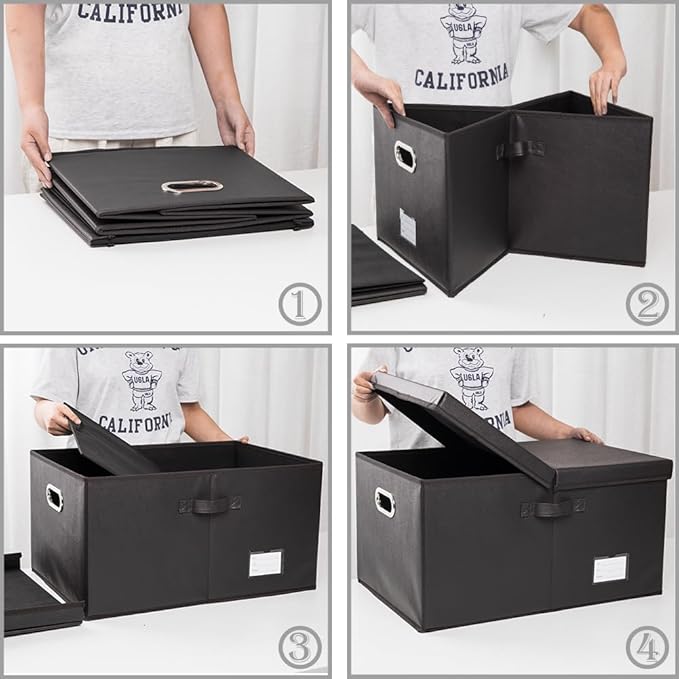 PRANDOM Collapsible Storage Box with Lid [1-Pack] Leather Fabric Foldable Storage Bin Organizer Container Basket Cube with Cover for Home Bedroom Closet Office Nursery Black (22.8X15.7X11.8)