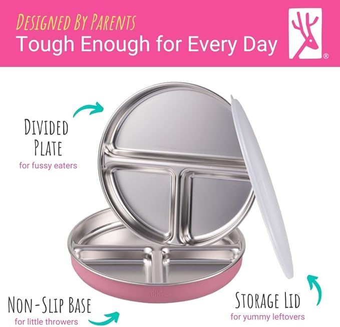 Elk and Friends Stainless Steel Divided Plates with Normal Sleeve for Babies & Toddlers | Lids Included Dinner & Snack Plates | 4 Pack