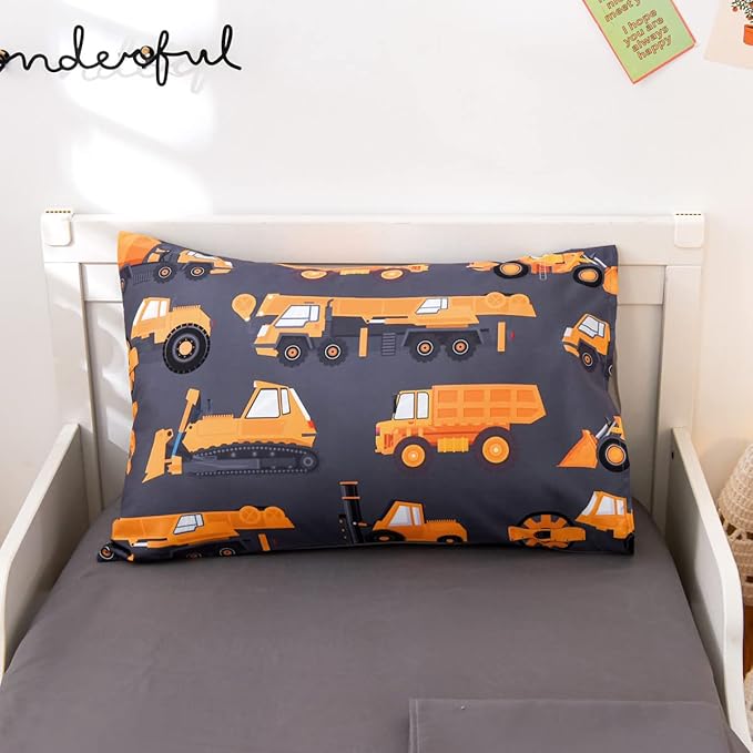 NTBED 4 Pieces Construction Toddler Bedding Set for Baby Boys, Truck Vehicles Excavator Cars Printed, Includes Comforter, Flat Sheet, Fitted Sheet and Pillowcase,Grey