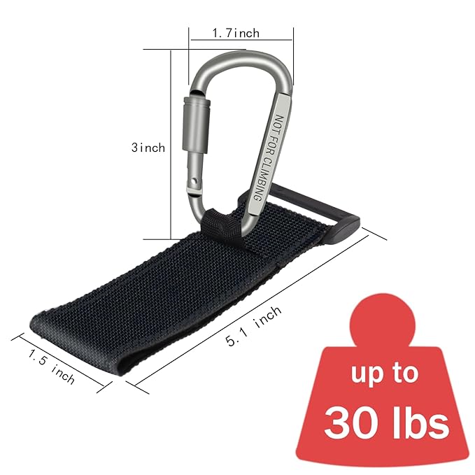 Baby Stroller Hook, Carry 30 lbs per Stroller Carabiner Clip, Adjustable Baby Stroller & Car Seat Hook for Hanging Diaper Bag, Wheelchair, Golf cart, Shopping and Pet Cart(2 Pcs Black)