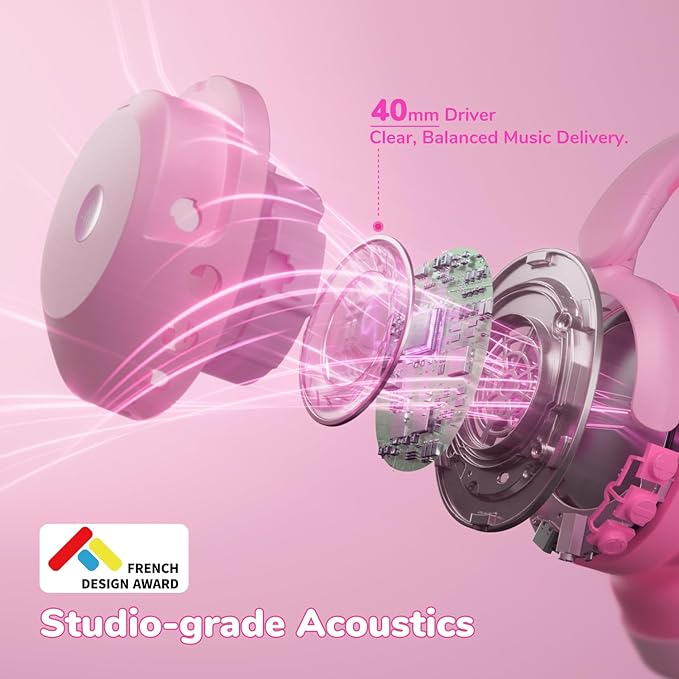 iClever BTH20 Active Noise Cancelling Headphones for Kids, 60H Play Time,Type C Fast Charging, Safe Volume 80dBA, Bluetooth5.4, Award-Winning Kids Headphones Wireless for iPad Tablet Airplane, Pink