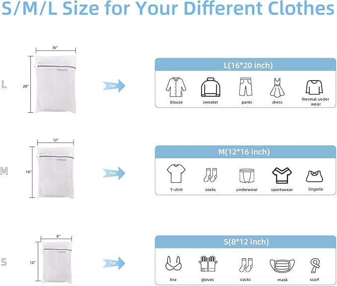 GOGOODA 3 PCS Laundry Mesh Bags Delicates Wash Bags for Lingerie Stockings (1 Large 16 x 20 Inches, 1 Medium 12 x 16 Inches, 1 Small 8 x 12 Inches)