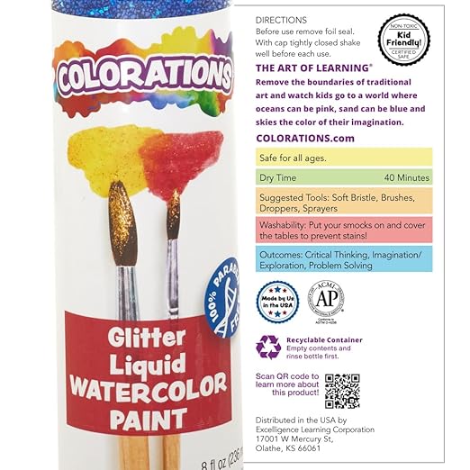 Colorations Liquid Glitter Watercolor Paint, 8 fl oz, Red, Non-Toxic, Painting, Kids, Craft, Hobby, Fun, Water Color, Posters, Cool Effects, Versatile, Gift