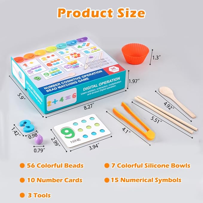 Montessori Arithmetic Math Toy Set, Toddler Wooden Montessori Toys for 2 3 4 5 6 Years Old, Number Cognitive Clip Bead Matching Game, Boy Girl Birthday Gift