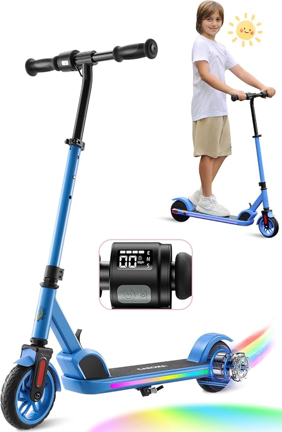 Caroma Electric Scooter for Kids Ages 6-12,150W/180WMotor,10 MPH Max Speed & 7 Miles,Colorful Lights,Adjustable Height & Speed,LED Display,Foldable Kids Electric Scooter 132 Lbs Max Load,Idea Gift