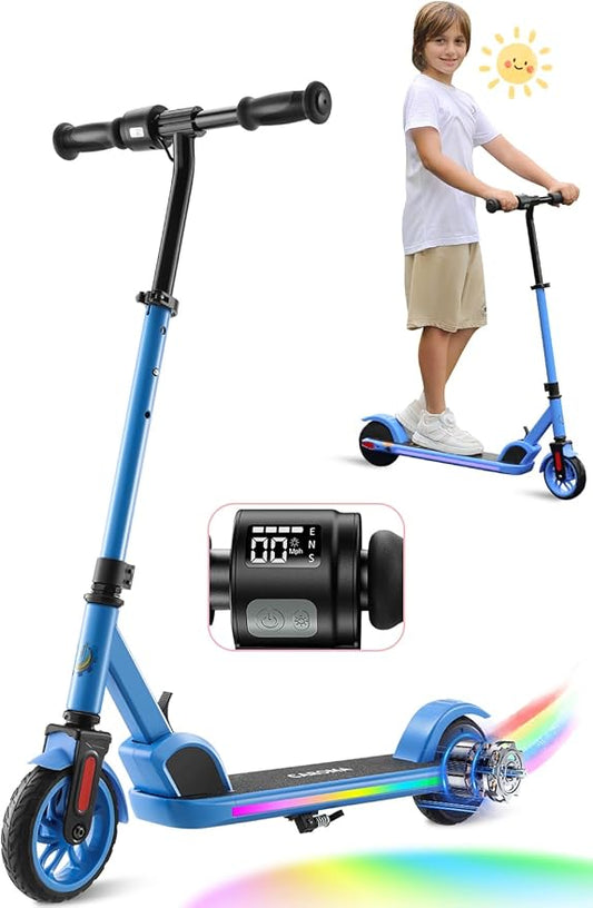 Caroma Electric Scooter for Kids Ages 6-12,150W/180WMotor,10 MPH Max Speed & 7 Miles,Colorful Lights,Adjustable Height & Speed,LED Display,Foldable Kids Electric Scooter 132 Lbs Max Load,Idea Gift