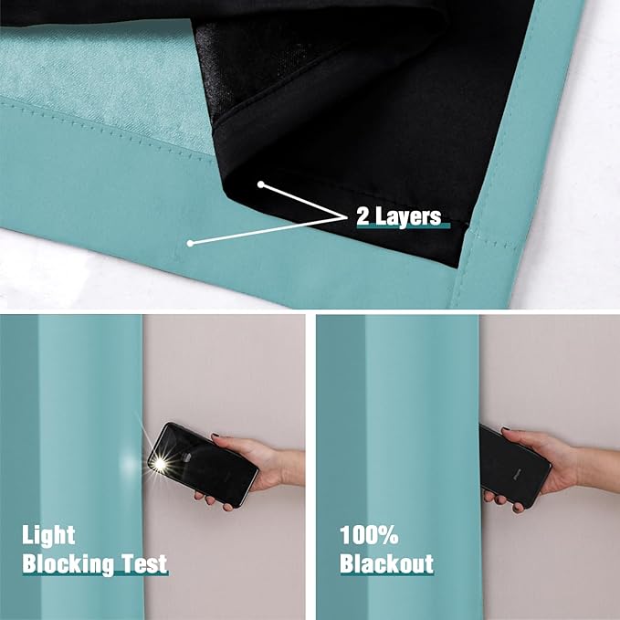 ChrisDowa 100% Blackout Curtains 54 inch Long for Bedroom with Black Liner, 2 Thick Layers Total Blackout Thermal Insulated Grommet Window Curtains 2 Panels Set (Aqua, 52 x 54 Inch)
