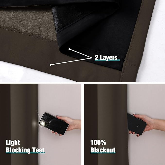 ChrisDowa 100% Blackout Curtains 84 inch Long for Bedroom with Black Liner, Extra Wide 2 Thick Layers Total Blackout Thermal Insulated Grommet Window Curtains 2 Panels Set (Brown, 60 x 84 Inch)
