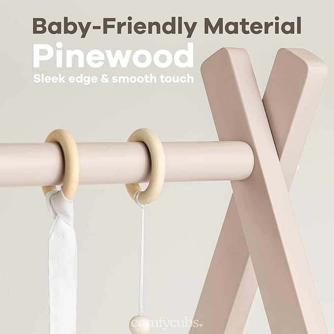 Comfy Cubs Wooden Baby Play Gym - Natural Finish Pinewood Baby Activity Gym with 5 Sensory Hanging Toys - Easy No-Tool Assembly, Safe and Durable for Infant Motor and Visual Development - Blush