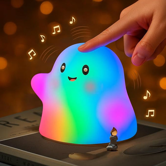 Halloween Ghost Night Light RGB – Touch Night Light for Kids, Rainbow Color-Changing,30-Min Timer,Sounds & Sleep Music, Squishy Silicone, USB Rechargeable, Nursery Decor, Ghost Light Decor