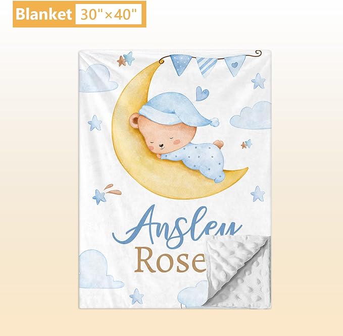 Personalized Baby Crib Bedding Set, 5 Pcs Custom Name Baby Crib Set with Double Layer Blanket, Soft Blue Moon Bear Nursery Bedding Set for Girls Boys, Customized Gifts for Toddlers Infants