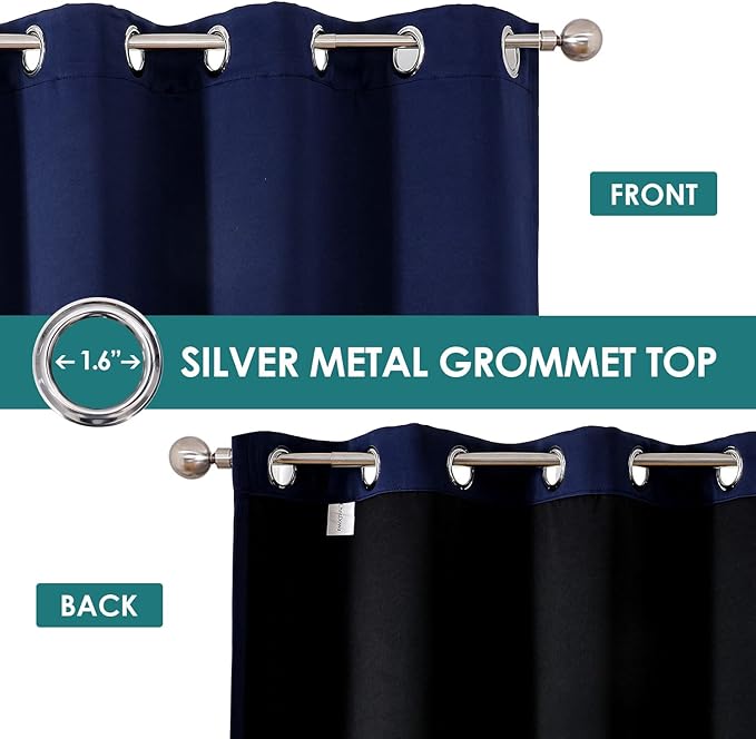 ChrisDowa 100% Blackout Curtains for Bedroom with Black Liner, 2 Thick Layers Total Blackout Thermal Insulated Grommet Window Curtains 2 Panels Set (Navy Blue, 52 x 63 Inch)