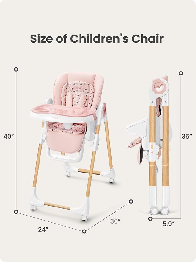 Foldable High Chair with Soft Cushion, High Chairs for Babies and Toddlers, Height Adjustable Feeding Chair, Adjustable Backrest and Footrest, Lockable Wheels, Woodgrain Star Pink