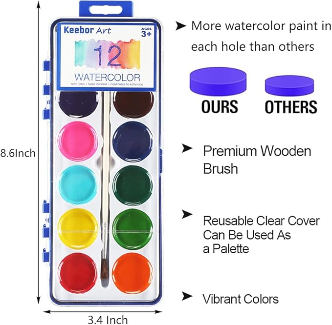 Watercolor Paint Set for Kids, 12 Colors, 24 Pack Washable Water Colors for Party Favors, Gifts, Classroom Supplies (Wood Brushes Included)