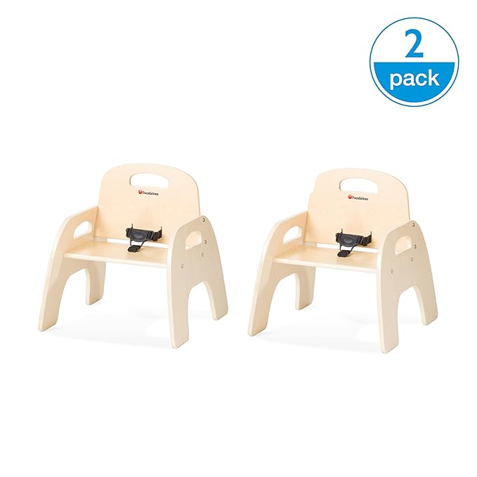 Foundations Simple Sitter 13” Low Wood Feeding Chairs, Wide No-Tip Base, Adjustable Safety Harness, Stackable Wood Toddler Chairs with Food Service Grade Finish, 2 Pack