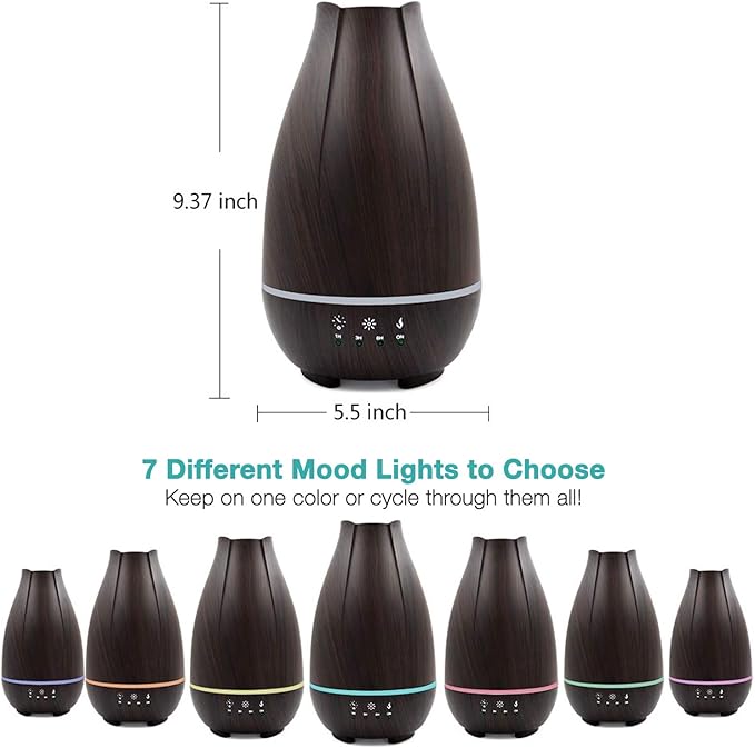 HealthSmart Essential Oil Diffuser, Cool Mist Humidifier and Aromatherapy Diffuser with 500ML Tank Ideal for Large Rooms, Adjustable Timer, Mist Mode and 7 LED Light Colors, Brown