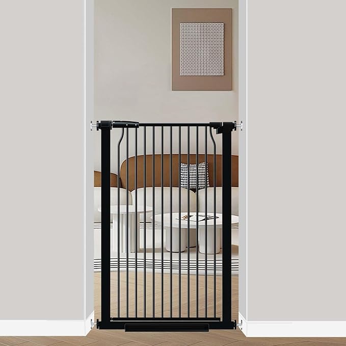40.5" Extra Tall Baby Gate, 29.6"-32.5" Extra Wide Dog Pet Gate Pressure Mounted, Puppy Dog Proof Indoor Barrier, No Drill Safety Child Gate for Stairs 1.37" Narrow Space Metal Black Gate